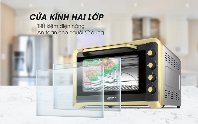 2 Mat kinh 1 scaled 1 - Lò nướng Sanaky VH-129N2D 120 lít màu vàng mới nhất Cửa kính hai lớp tiết kiệm điện năng, an toàn cho người sử dụng
