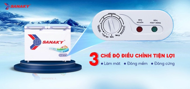 sanaky 235 lit vh 2899a2kd co 3 che do dieu chinh tien loi - Tủ đông Sanaky VH-2899A2KD 235 lít Với thiết kế 1 ngăn đông có tích hợp 3 chức năng: Làm mát – Đông mềm – Đông cứng