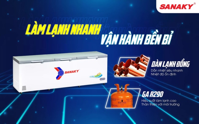 sanaky vh 1399hyk lam lanh nhanh - Tủ đông Sanaky VH-1399HYK 1143.5 lít Làm lạnh nhanh, vận hành bền bỉ với hệ thống dàn lạnh đồng, sử dụng gas R290