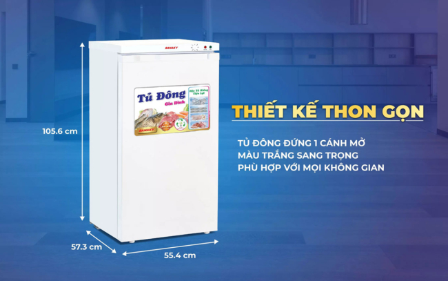 sanaky vh 160vd thiet ke - Tủ đông đứng Sanaky VH-160VD 118 lít Thiết kế thon dọng của tủ đông đứng Sanaky VH-160VD 1 ngăn đông 4 hộc chứa