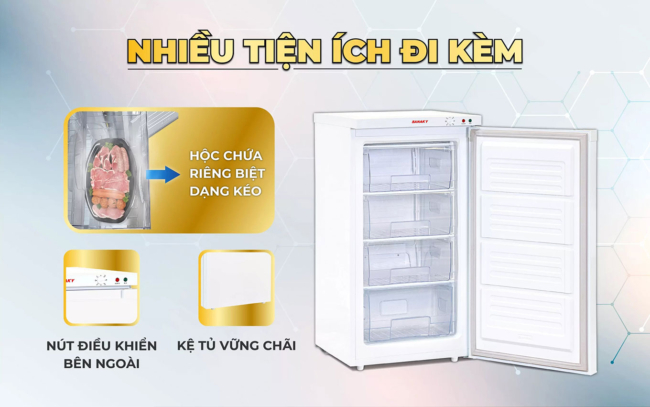 sanaky vh 160vd tien ich - Tủ đông đứng Sanaky VH-160VD 118 lít Tủ đông đứng Sanaky VH-160VD 118 lít trang bị nhiều tiện ích đi kèm