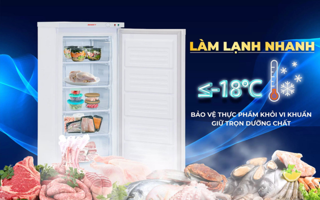 sanaky vh 180vd lam lanh nhanh - Tủ đông đứng Sanaky VH-180VD 150 lít Tủ đông đứng Sanaky VH-180VD có nhiệt độ âm lên đến -18 ℃ giúp làm lạnh nhanh