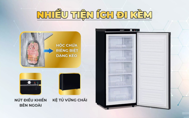 sanaky vh 180vd3 tien ich - Tủ đông đứng Sanaky VH-180VD3 150 lít Inverter Tủ đông đứng Sanaky VH-180VD3 150 lít inverter có nhiều tiện ích đi kèm