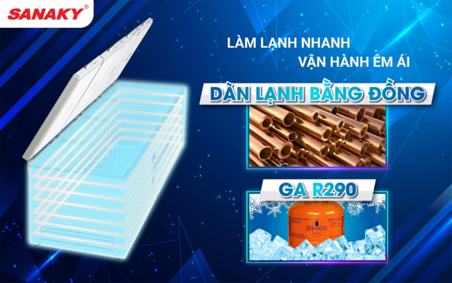 sanaky vh 2399hy dan lanh dong - Tủ đông Sanaky VH-2399HY 2000 lít Tủ đông có dàn lạnh đồng và sử dụng Gas R-290 an toàn, thân thiện với môi trường.
