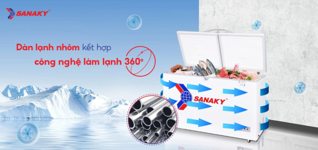 sanaky vh 405a2 dan lanh nhom ket hop cong nghe lam lanh 360 do - Tủ đông Sanaky VH-405A2 305 lít Tủ đông Sanaky 305 lít VH-405A2 có dàn lạnh nhôm kết hợp công nghệ làm lạnh 360 độ