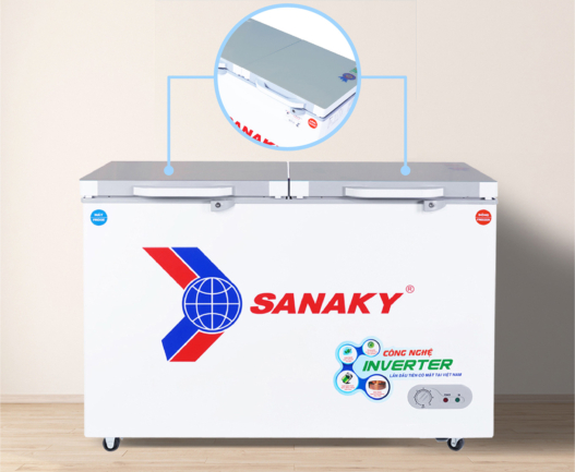 sanaky vh 4099w4k nap phu mat kinh cuong luc - Tủ đông Sanaky VH-4099W4K 280 lít Inverter Tủ đông Sanaky inverter VH-4099W4K có 2 nắp dỡ phủ một lớp kính cường lực chắc chắn