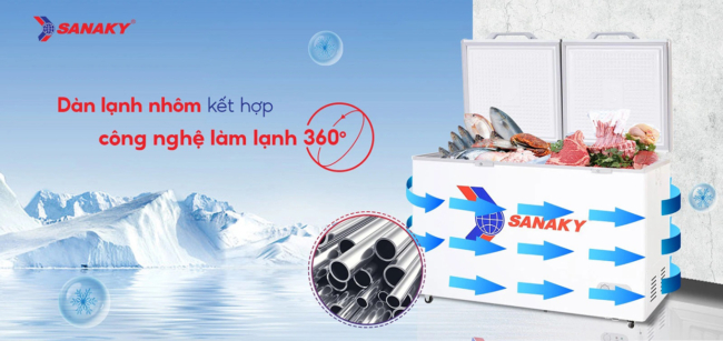 sanaky vh 568hy2 co dan lanh nhom ket hop cong nghe lam lanh 360 do - Tủ đông Sanaky VH-568HY2 410 lít Dàn lạnh ống nhôm nguyên chất kết hợp công nghệ làm lạnh 360 độ