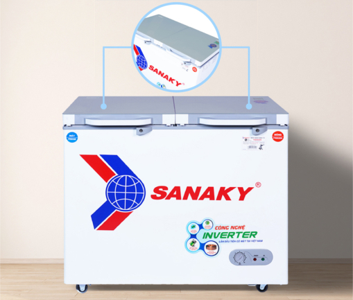 tu dong sanaky vh 2599w4k nap phu kinh cuong luc - Tủ đông Sanaky VH-2599W4K 195 lít Inverter Là dòng tủ đông 2 nắp dỡ trên bề mặt nắp phủ một lớp kính cường lực chắc chắn