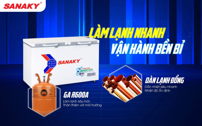 tu dong vh 5699hy4k inverter dan dong - Tủ đông Sanaky VH-5699HY4K 410 lít Inverter công nghệ inverter tiết kiệm điện, kết hợp với dàn lạnh ống đồng bền bỉ