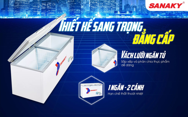 tu dong vh 5699hy4k thiet ke - Tủ đông Sanaky VH-5699HY4K 410 lít Inverter Thiết kế sang trọng đẳng cấp, 1 ngăn đông 2 cánh mở bên trong lòng tủ có vách lưới thay cho giỏ đẻ đồ