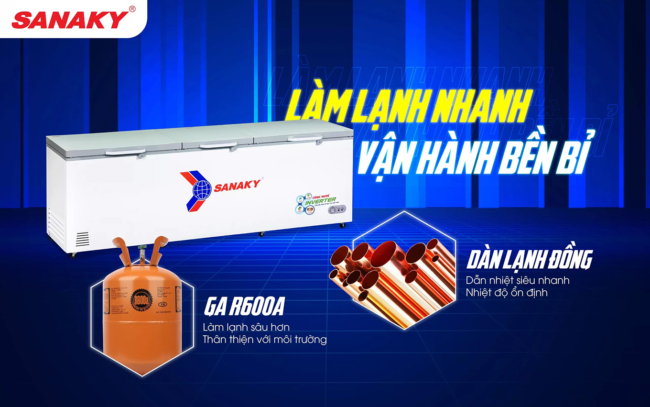 vh 1199hy4k dan lanh dong gas r600a - Tủ đông Sanaky VH-1199HY4K 900 lít Inverter Tủ đông VH-1199HY4K có dàn lạnh ống đồng sử dụng gas đời mới R-600A